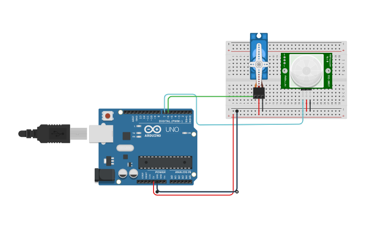 Circuit design PIR sensor & Servo - Tinkercad