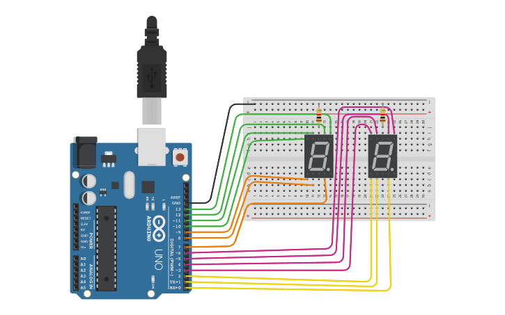 Circuit design two 7 segment display code 0 to 100 - Tinkercad
