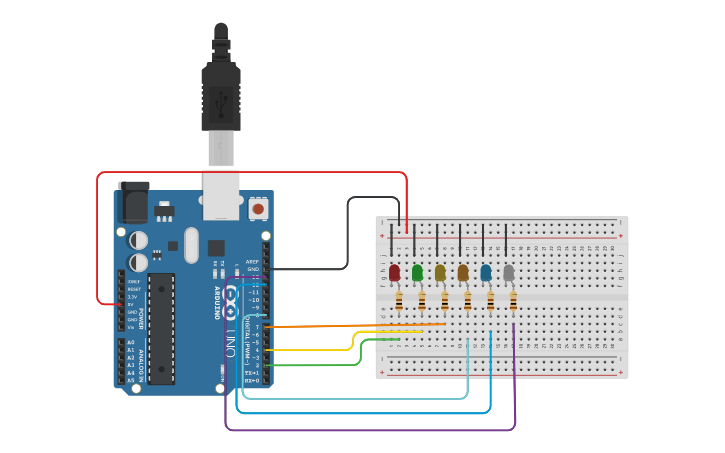 Circuit design LED CHASER WITH 6 LEDS USING ARDUINO UNO - Tinkercad