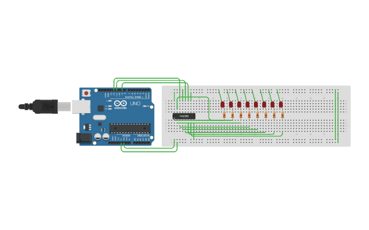 74HC595 Shift Register with 8 LEDS - Tinkercad 74HC595 Shift Register with 8 LEDS - Tinkercad