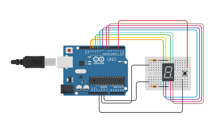 Circuit design 7 segment with button - Tinkercad