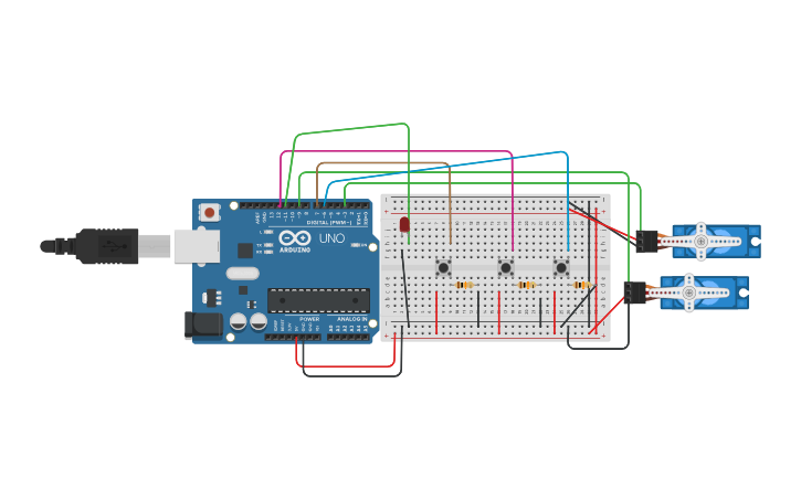 Circuit design Two servos and a button - Tinkercad