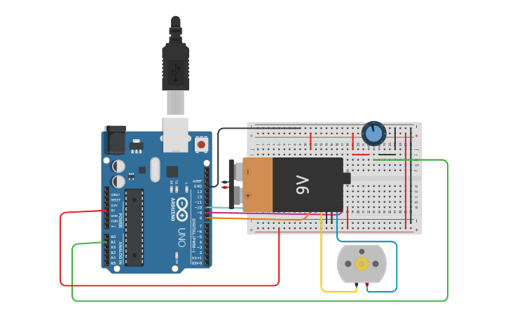 Circuit design CONTROL VELOCIDAD Y SENTIDO DE MOTOR DC - Tinkercad