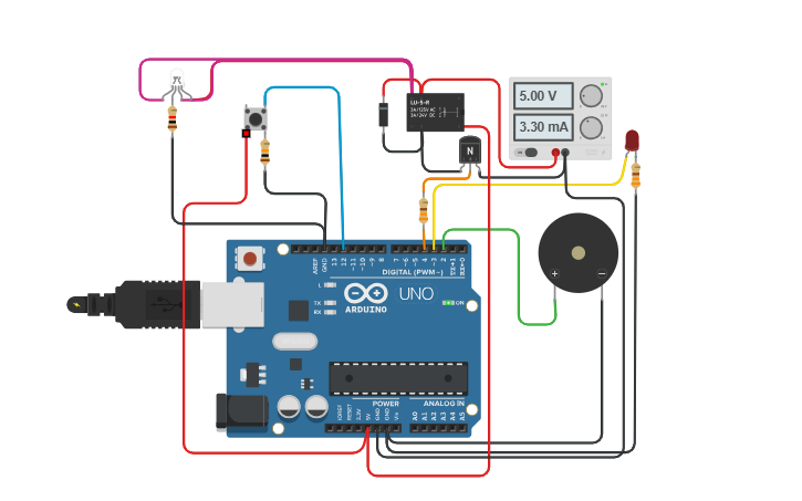 Circuit design Arduino with led buzzer relay - Tinkercad