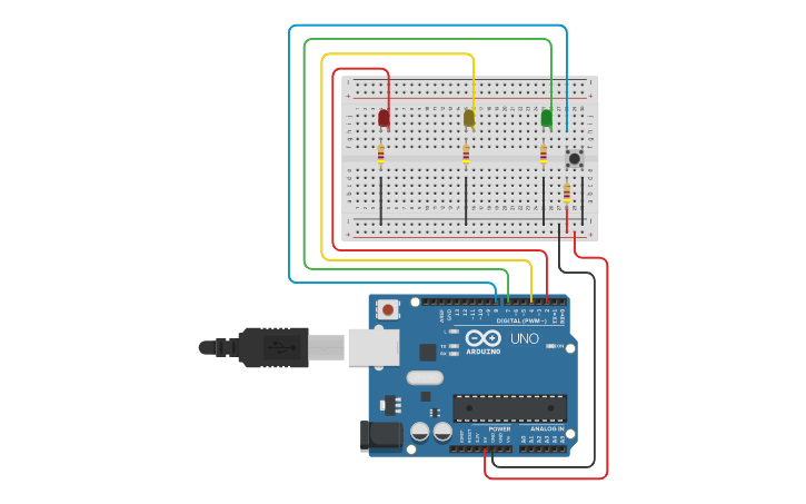 Circuit design TP3-Semaforo c/pulsador(Pull Up) | Tinkercad