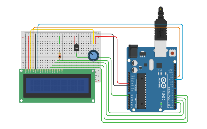 Circuit design LCD + Sensor temperatura | Tinkercad