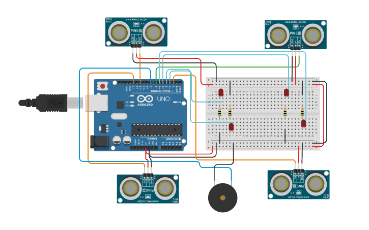 Circuit design Car distance Sensor Project - Tinkercad