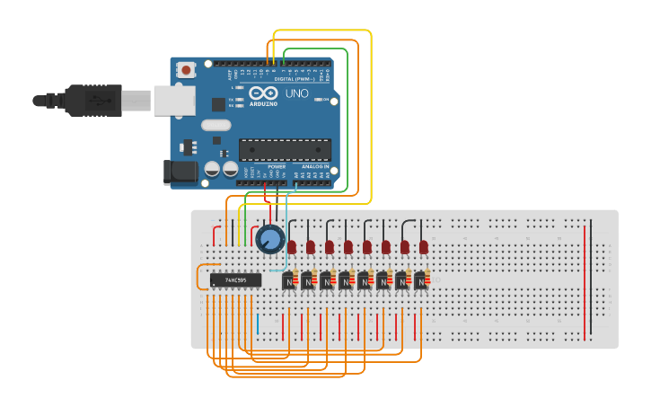 Circuit design Potentiometer with LED bar 74HC595 - Tinkercad