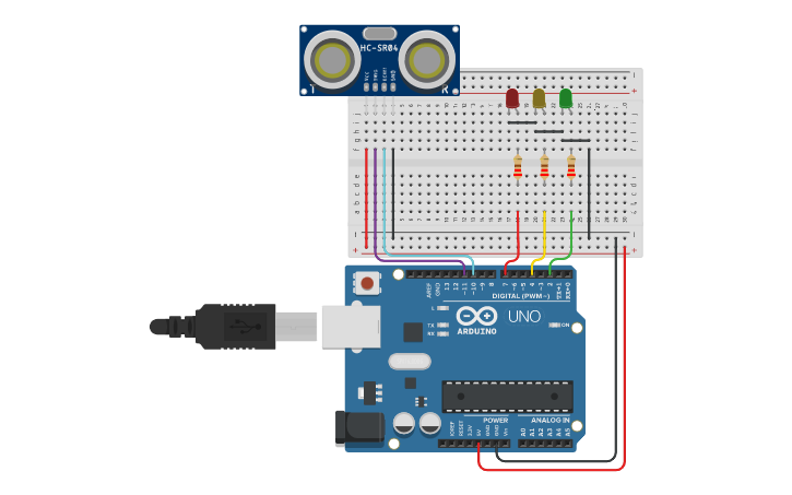 Circuit design ultrasonic sensor - Tinkercad