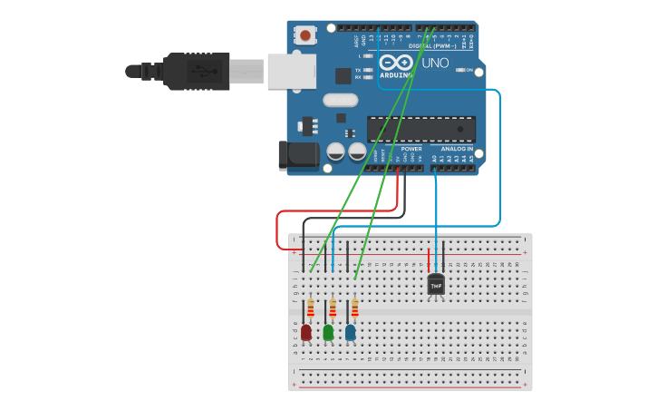Circuit design Temperature sensor with led lights - Tinkercad