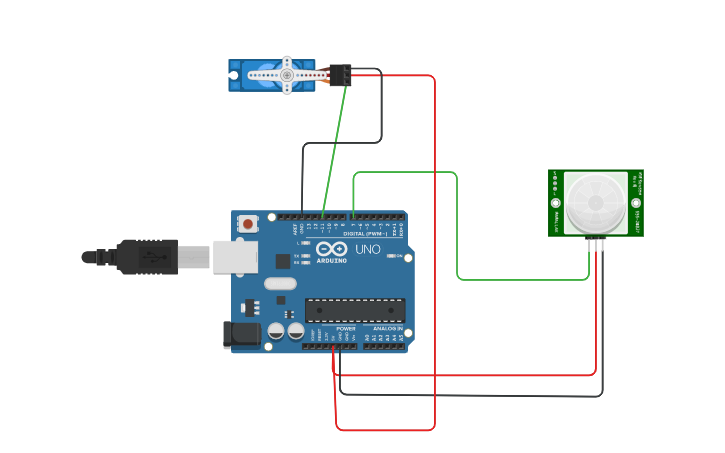 Circuit design PIR and servo motor | Tinkercad