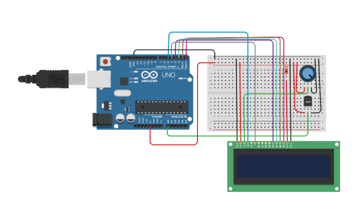 Circuit design LCD com Sensor de Temperatura - Tinkercad