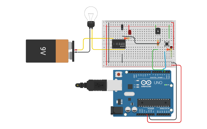 Circuit design Control Push Button with Relay - Tinkercad