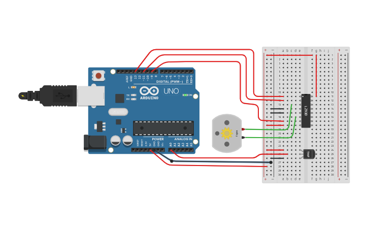 Circuit design Using temperature sensor and control DC-Motor. - Tinkercad