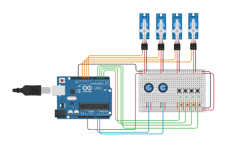 Circuit design Braço robótico simulando joystick - Tinkercad