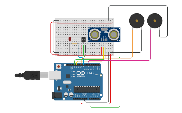 Circuit design Arduino Ultrasonic and Temp36 with LED Piezo | Tinkercad