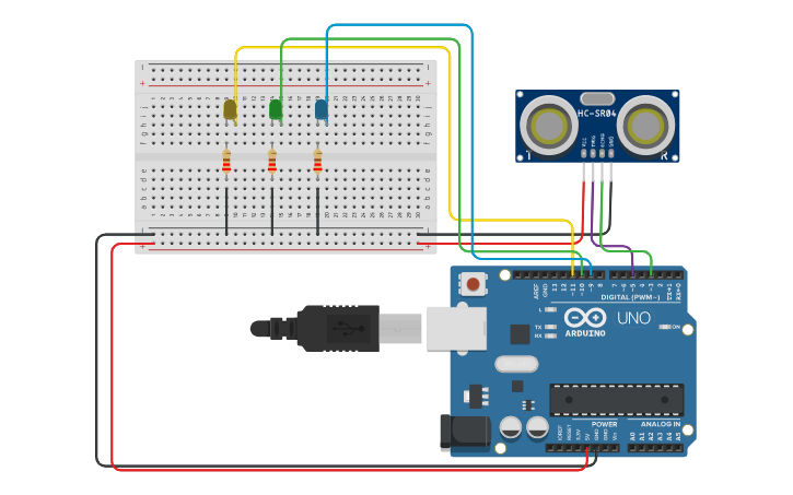 Circuit design Sensor ultrasonido con leds - Tinkercad