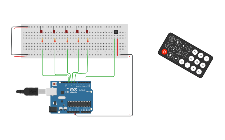 Circuit design 5 LED Blinking by using IR Remote | Tinkercad