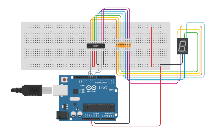 Circuit design Counter from 0 - 9 on 7 Segment Display - Tinkercad