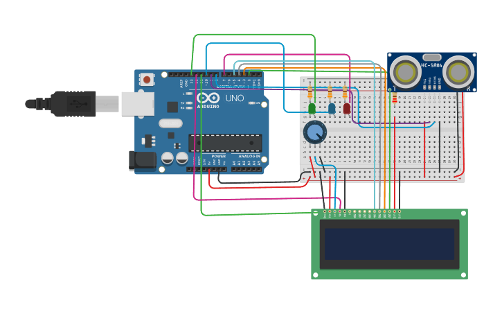 Circuit design display con sensor de distancia :) | Tinkercad