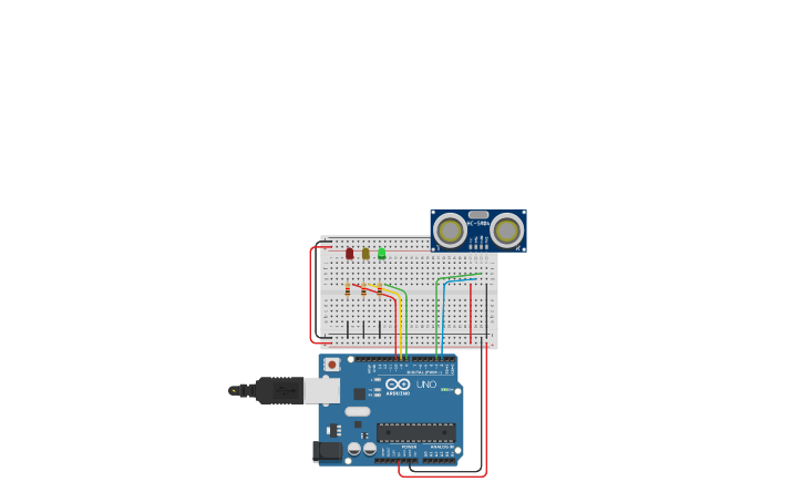 Circuit design sensor de ultrasonidos con 3 leds - Tinkercad