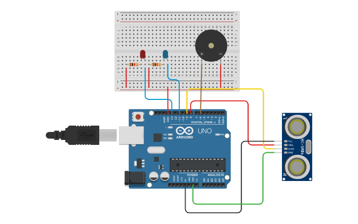 Circuit design Distance, Motion and Sound Sensor - Tinkercad