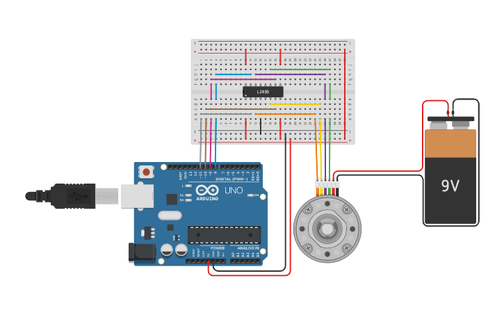 Circuit design Stepper Motor 4 Pairs and L293D - Tinkercad