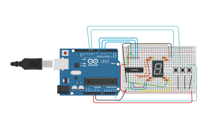 Circuit design 74HC595 와 7세그먼트 캐소드 - Tinkercad