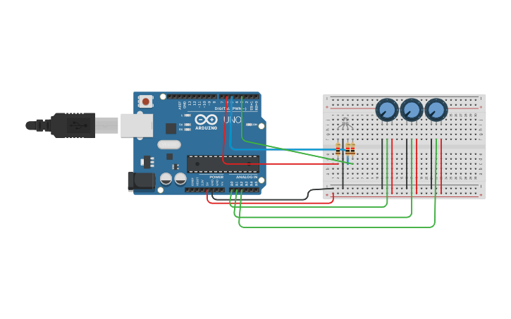 Circuit design potenciometros y led rgb | Tinkercad