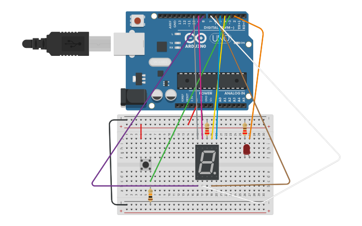 Circuit design RBA Display de siete segmentos - Tinkercad