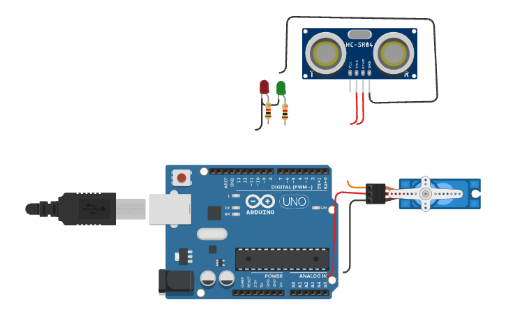 Circuit design LD2-COCHERA AUTOMATICA CON SENSOR - Tinkercad