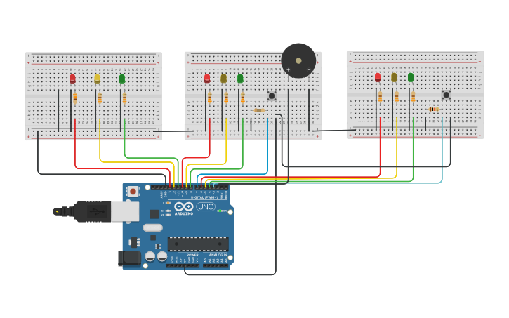 Circuit design Semaforo triplo con due pulsanti e buzzer - Tinkercad