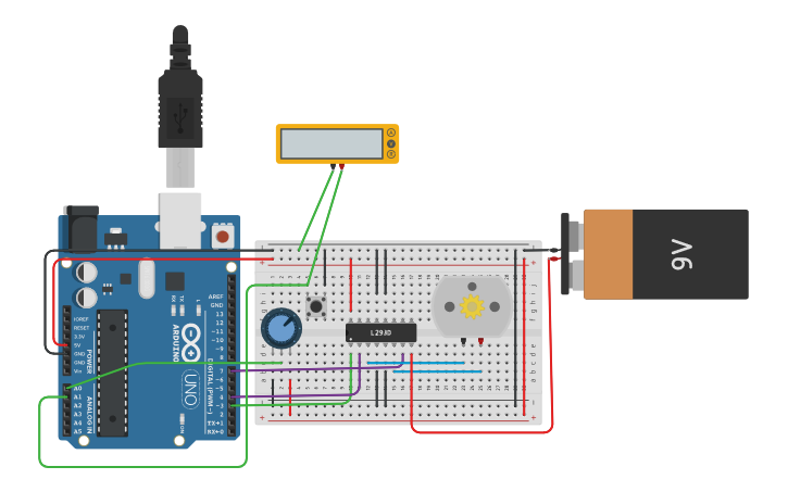Circuit design Motor, Poti, Taster - Tinkercad