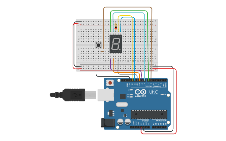 Circuit design Número aleatorio display 7 segmentos - Tinkercad