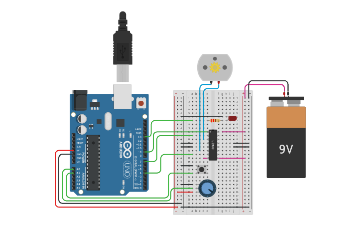 Circuit design Motor, Poti, Taster, LED | Tinkercad
