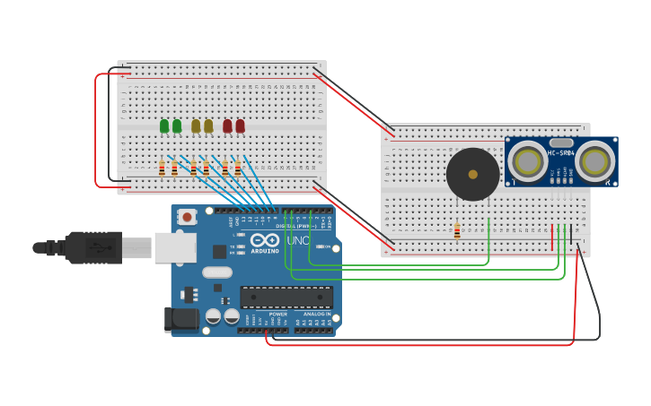 Circuit design BUZZER, ULTRASONIC AND LED - Tinkercad