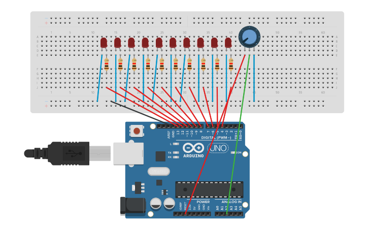 Circuit design Bouncing LED Effect - Tinkercad