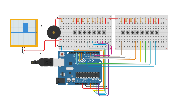 Circuit design Piano from Madhya Saptak to Taar Saptak | Tinkercad