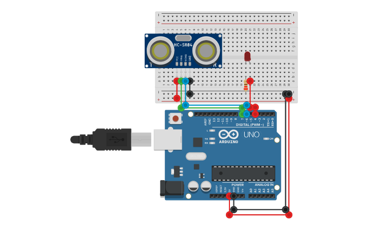 Circuit design Ultrasonic Distance Sensor+ LED - Tinkercad
