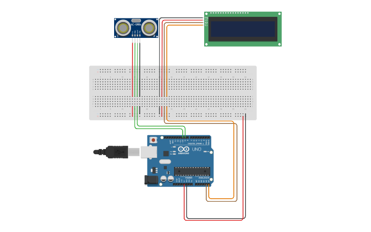 Circuit design SENSOR ULTRASONIC DAN LCD 16 X 2 - Tinkercad