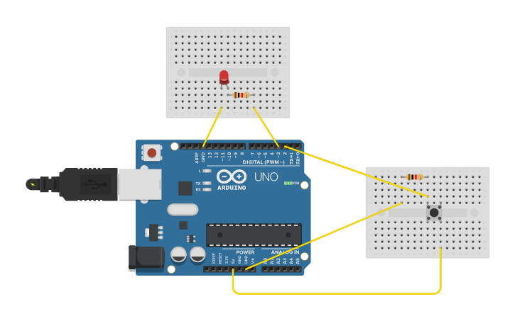 Circuit design Controlling LED using push button - Tinkercad