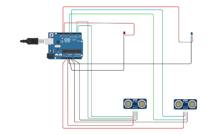 Circuit design 2 US sensors and 2 LEDS - with Arduino - Tinkercad