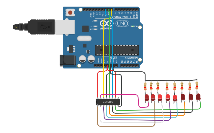 Circuit design Knight Rider Led Animation with Arrays (74hc595) | Tinkercad