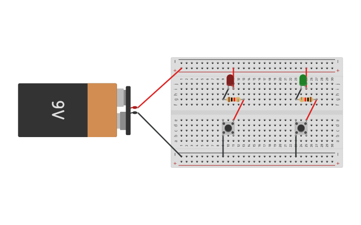 Circuit design Bateria, 2 pulsadores 2 led C/resistencia y placa chica ...