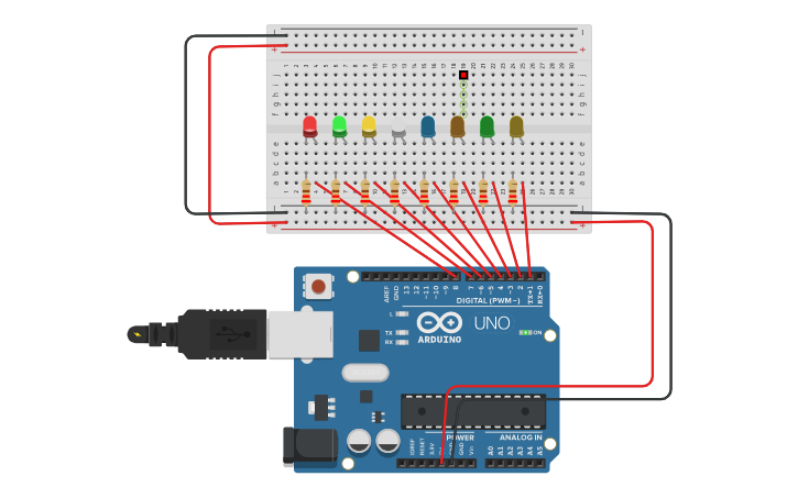 Circuit design Practica 2. Secuencia de leds | Tinkercad