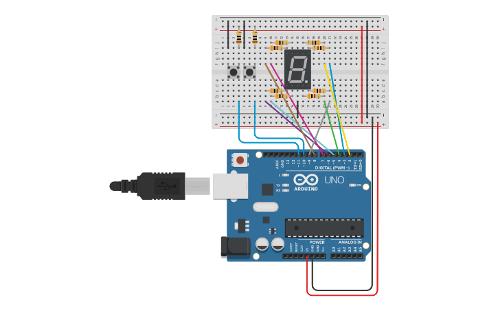 Circuit design Button De/Increment 7 Segments Display - Tinkercad