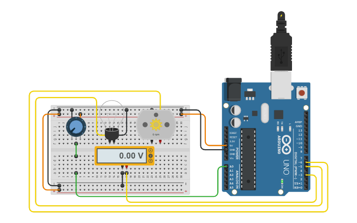 Circuit design Bulb and DC motor with potentiometer - Tinkercad