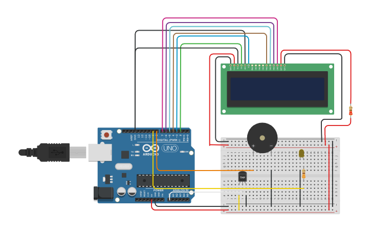 Circuit design sensor suhu pendeteksi kebakaran - Tinkercad