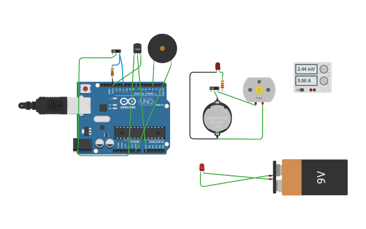 Circuit design connecting sensor and actuators | Tinkercad