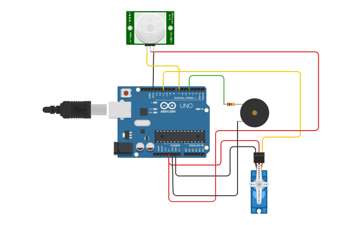 Circuit design SECURITY SENSOR USING PIR SENSOR, BUZZER, SERVO MOTOR ...
